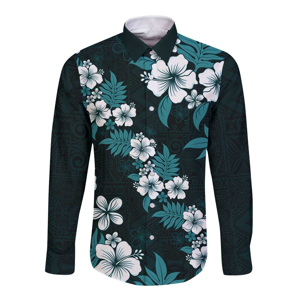 Hawaiian Hibiscus Tribal Floral Teal Long Sleeve Button Shirt Polynesian Tapa Pattern - Polynesian Pride
