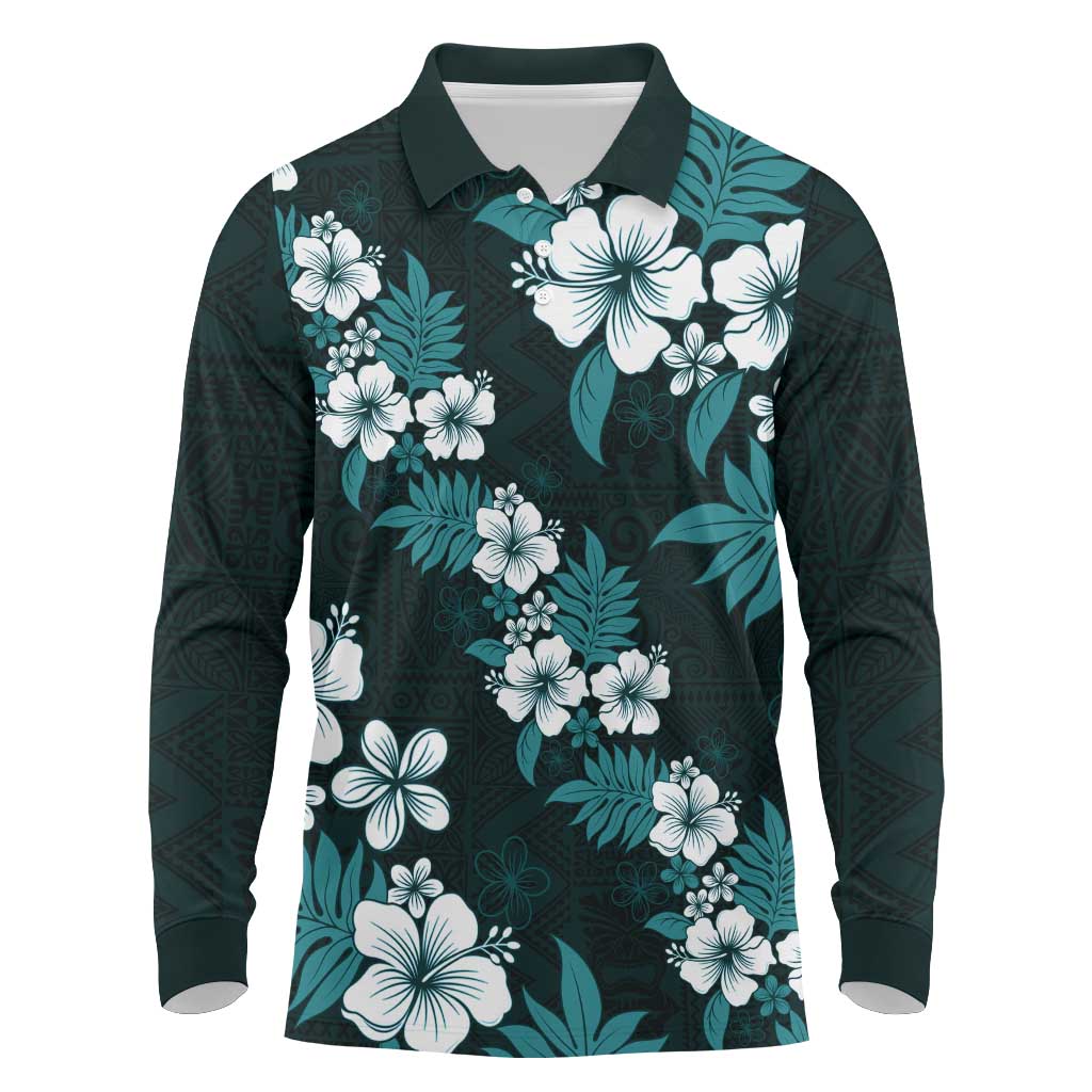 Hawaiian Hibiscus Tribal Floral Teal Long Sleeve Polo Shirt Polynesian Tapa Pattern - Polynesian Pride