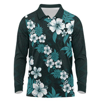 Hawaiian Hibiscus Tribal Floral Teal Long Sleeve Polo Shirt Polynesian Tapa Pattern - Polynesian Pride