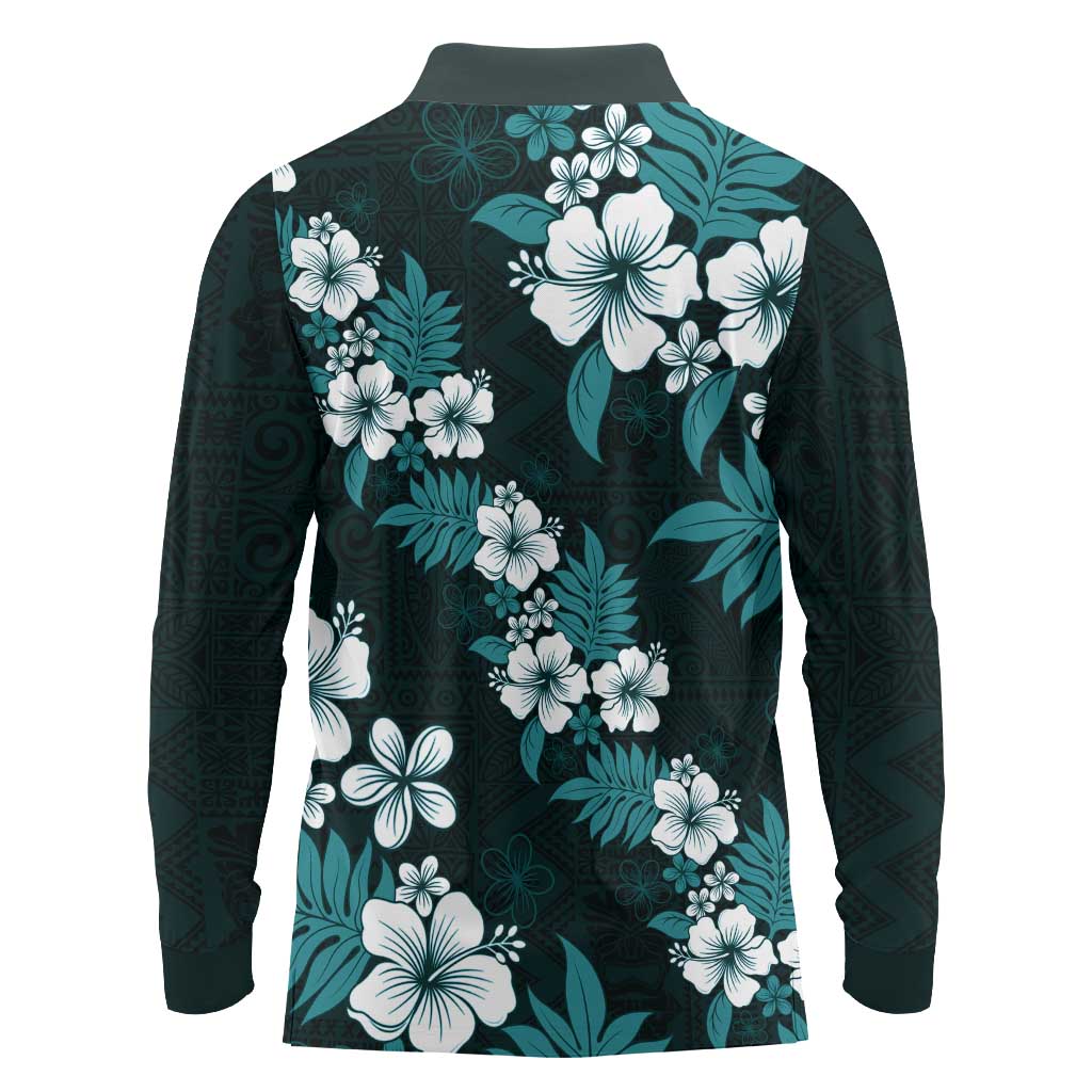 Hawaiian Hibiscus Tribal Floral Teal Long Sleeve Polo Shirt Polynesian Tapa Pattern - Polynesian Pride