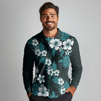 Hawaiian Hibiscus Tribal Floral Teal Long Sleeve Polo Shirt Polynesian Tapa Pattern - Polynesian Pride