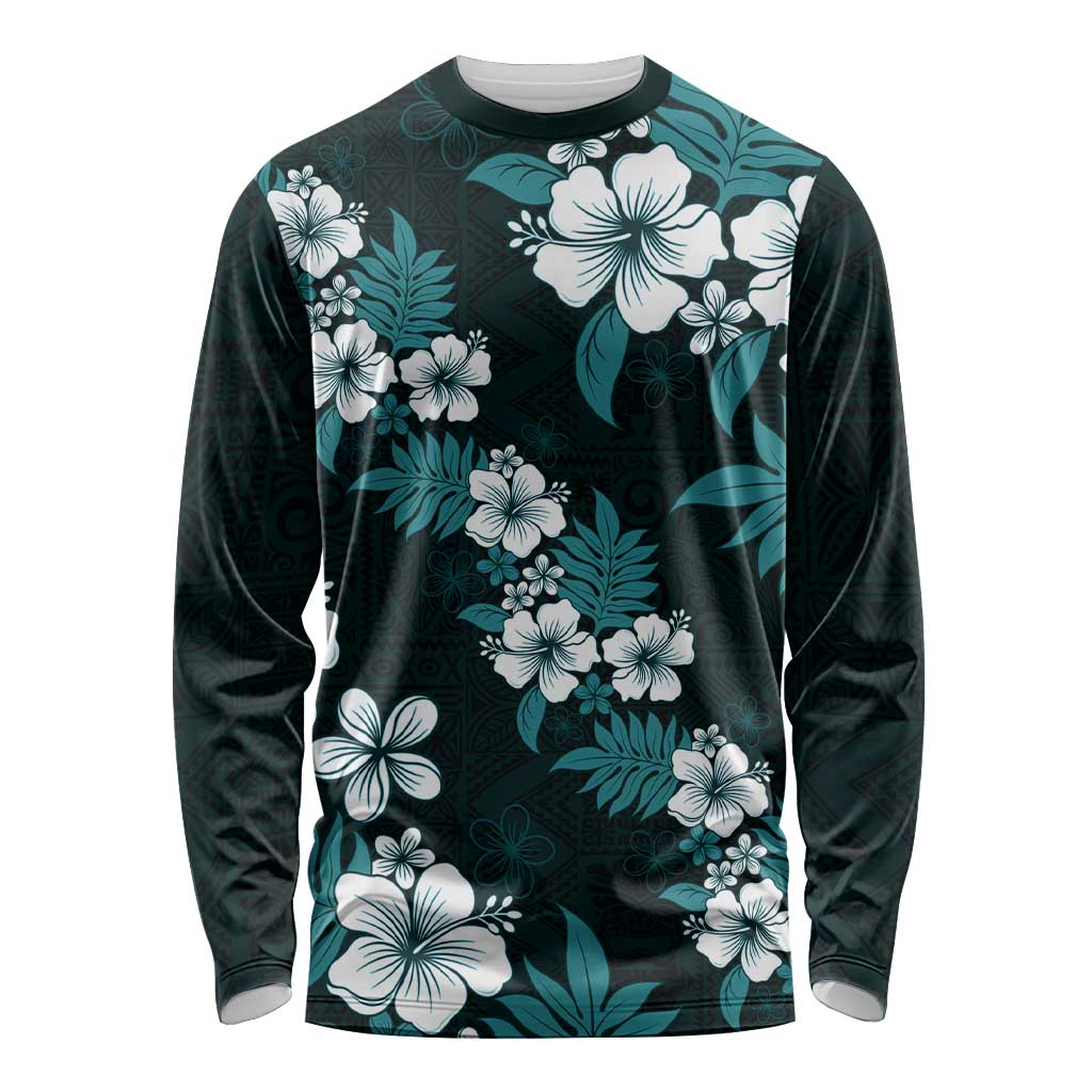 Hawaiian Hibiscus Tribal Floral Teal Long Sleeve Shirt Polynesian Tapa Pattern - Polynesian Pride