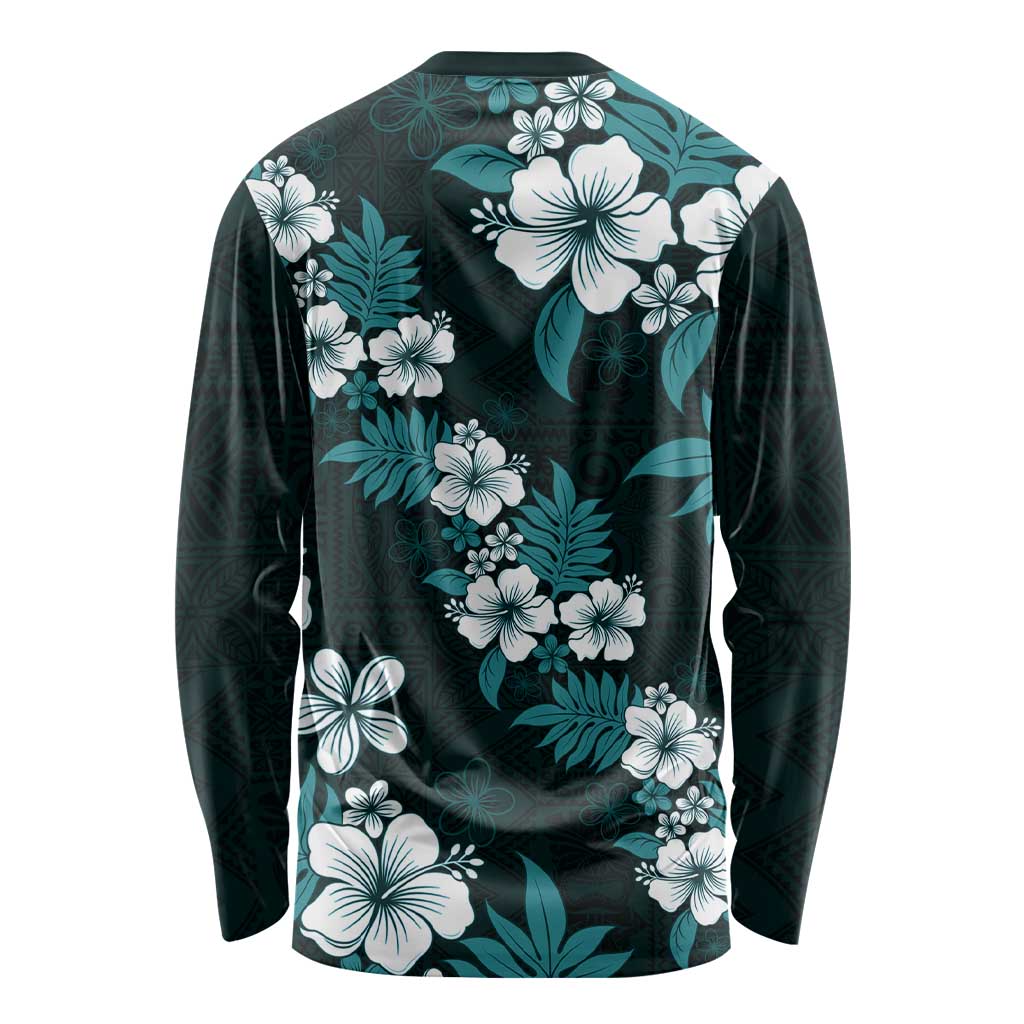 Hawaiian Hibiscus Tribal Floral Teal Long Sleeve Shirt Polynesian Tapa Pattern - Polynesian Pride