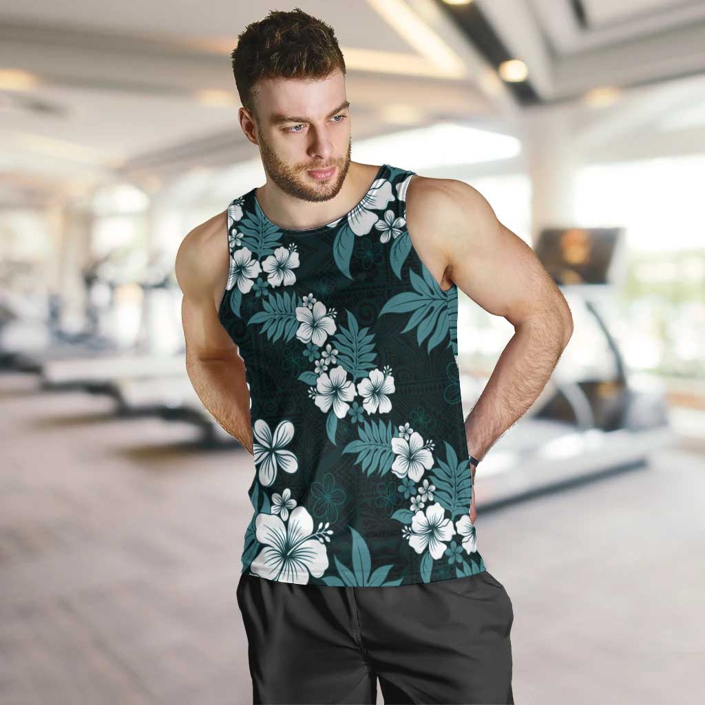 Hawaiian Hibiscus Tribal Floral Teal Men Tank Top Polynesian Tapa Pattern - Polynesian Pride