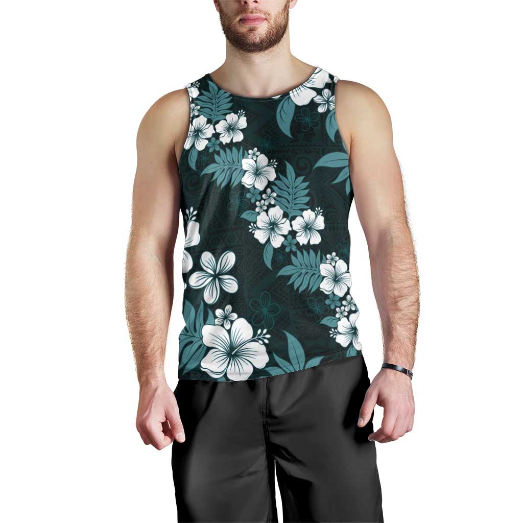 Hawaiian Hibiscus Tribal Floral Teal Men Tank Top Polynesian Tapa Pattern - Polynesian Pride