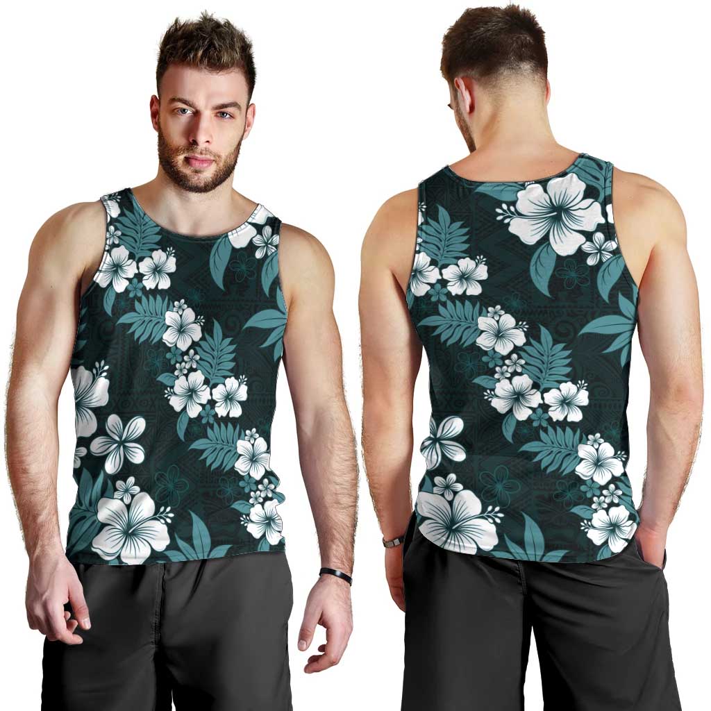 Hawaiian Hibiscus Tribal Floral Teal Men Tank Top Polynesian Tapa Pattern - Polynesian Pride