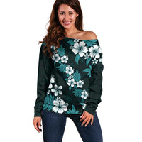 Hawaiian Hibiscus Tribal Floral Teal Off Shoulder Sweater Polynesian Tapa Pattern - Polynesian Pride