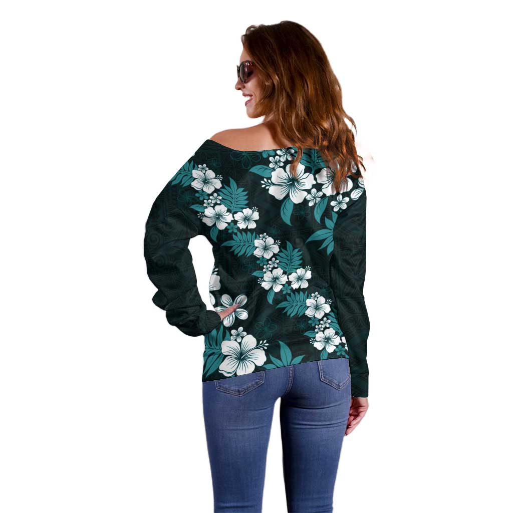 Hawaiian Hibiscus Tribal Floral Teal Off Shoulder Sweater Polynesian Tapa Pattern - Polynesian Pride