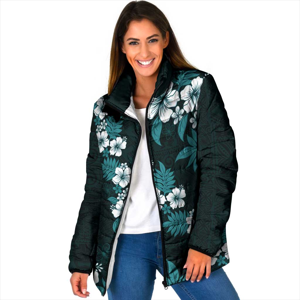 Hawaiian Hibiscus Tribal Floral Teal Padded Jacket Polynesian Tapa Pattern - Polynesian Pride