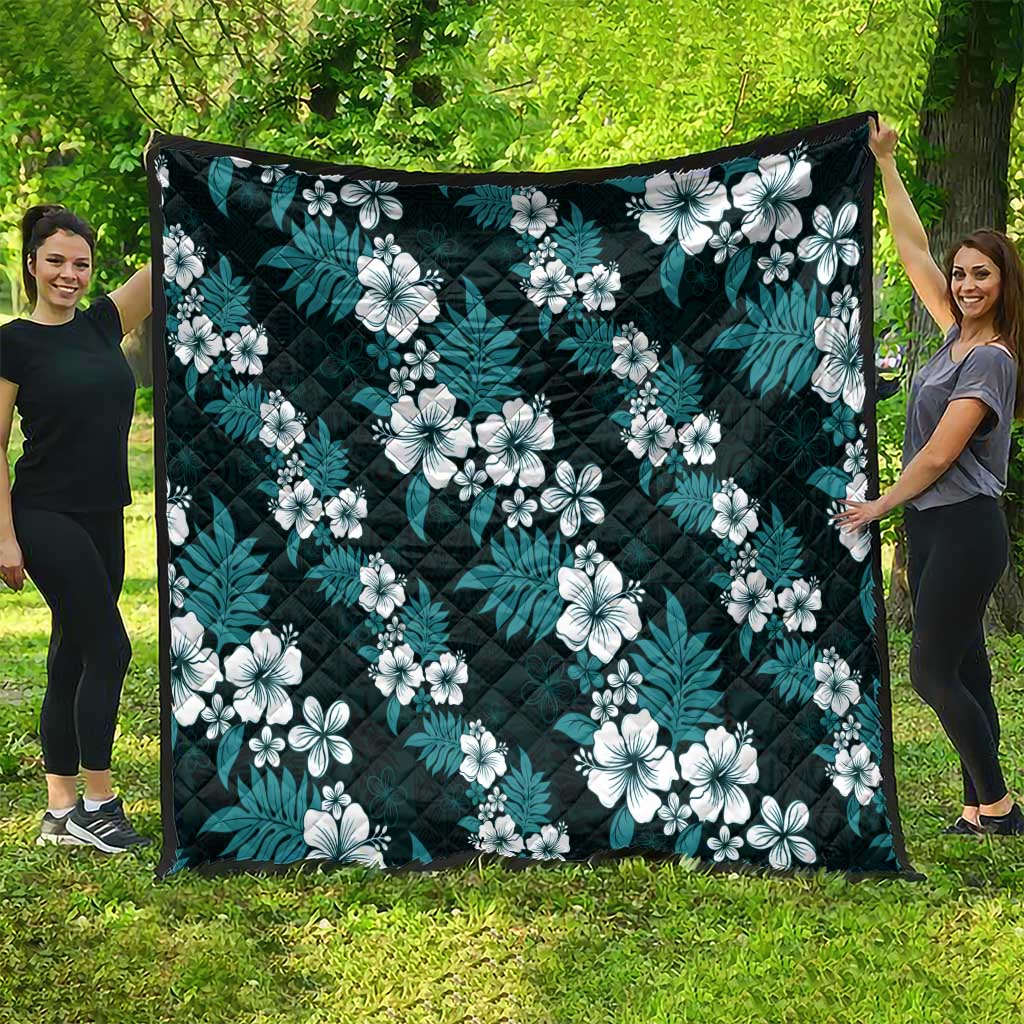 Hawaiian Hibiscus Tribal Floral Teal Quilt Polynesian Tapa Pattern - Polynesian Pride