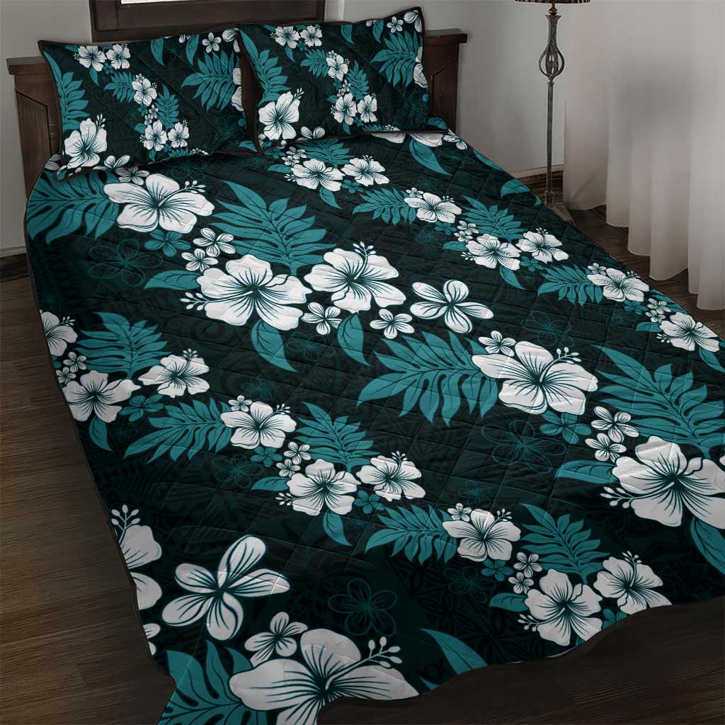 Hawaiian Hibiscus Tribal Floral Teal Quilt Bed Set Polynesian Tapa Pattern - Polynesian Pride