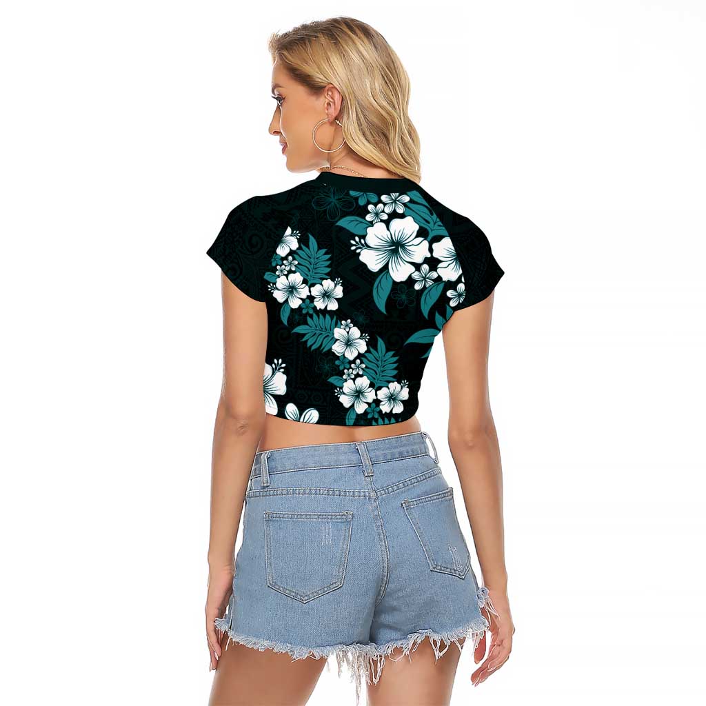 Hawaiian Hibiscus Tribal Floral Teal Raglan Cropped T Shirt Polynesian Tapa Pattern - Polynesian Pride