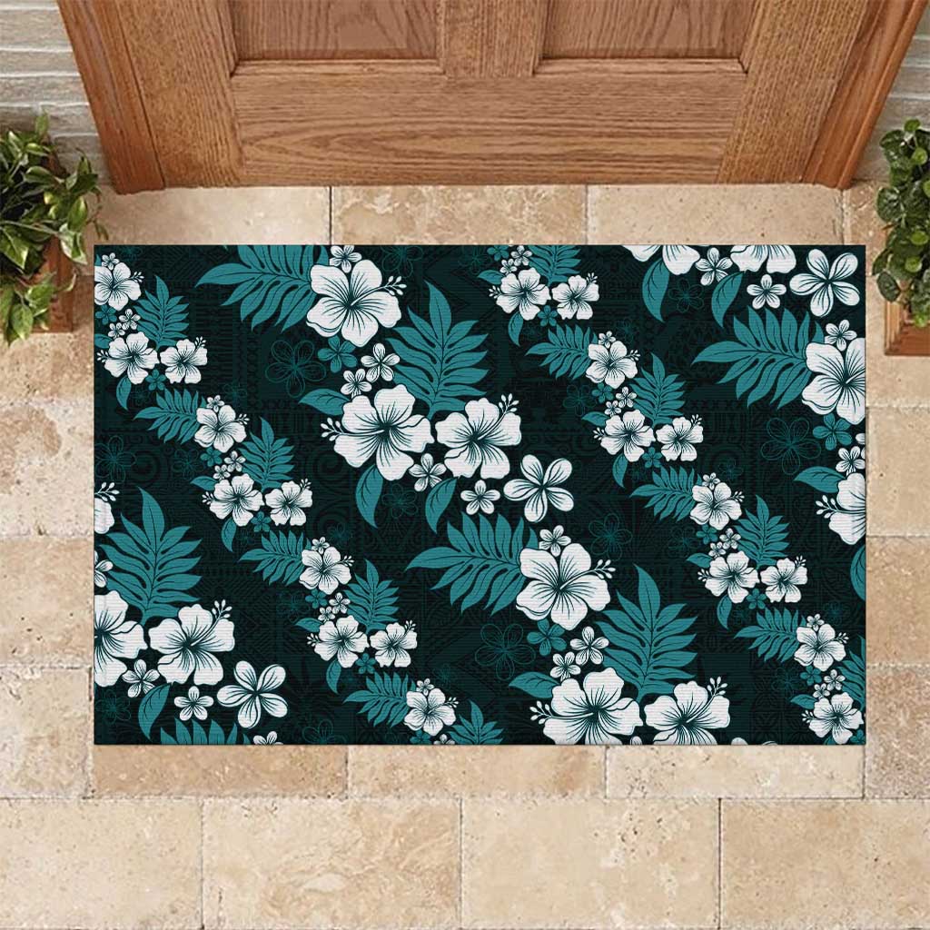 Hawaiian Hibiscus Tribal Floral Teal Rubber Doormat Polynesian Tapa Pattern - Polynesian Pride