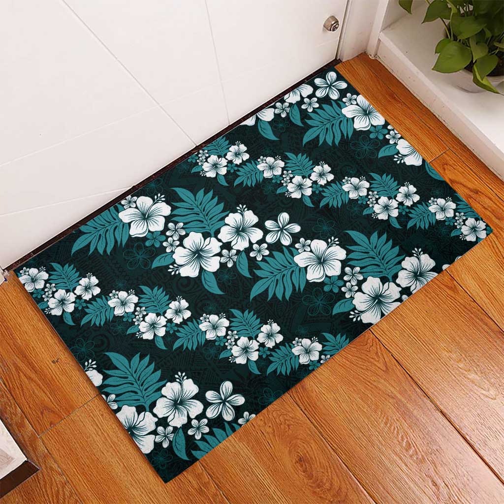 Hawaiian Hibiscus Tribal Floral Teal Rubber Doormat Polynesian Tapa Pattern - Polynesian Pride