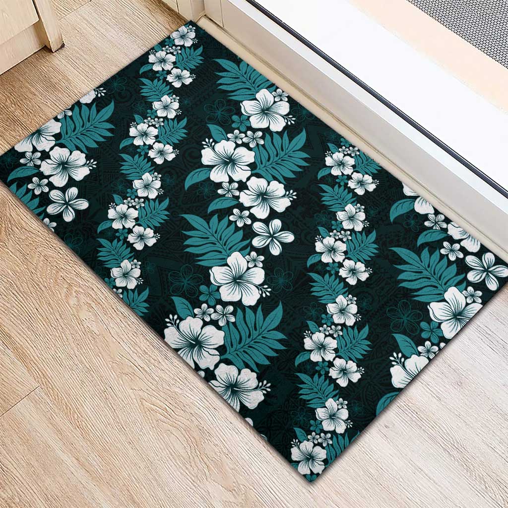 Hawaiian Hibiscus Tribal Floral Teal Rubber Doormat Polynesian Tapa Pattern - Polynesian Pride