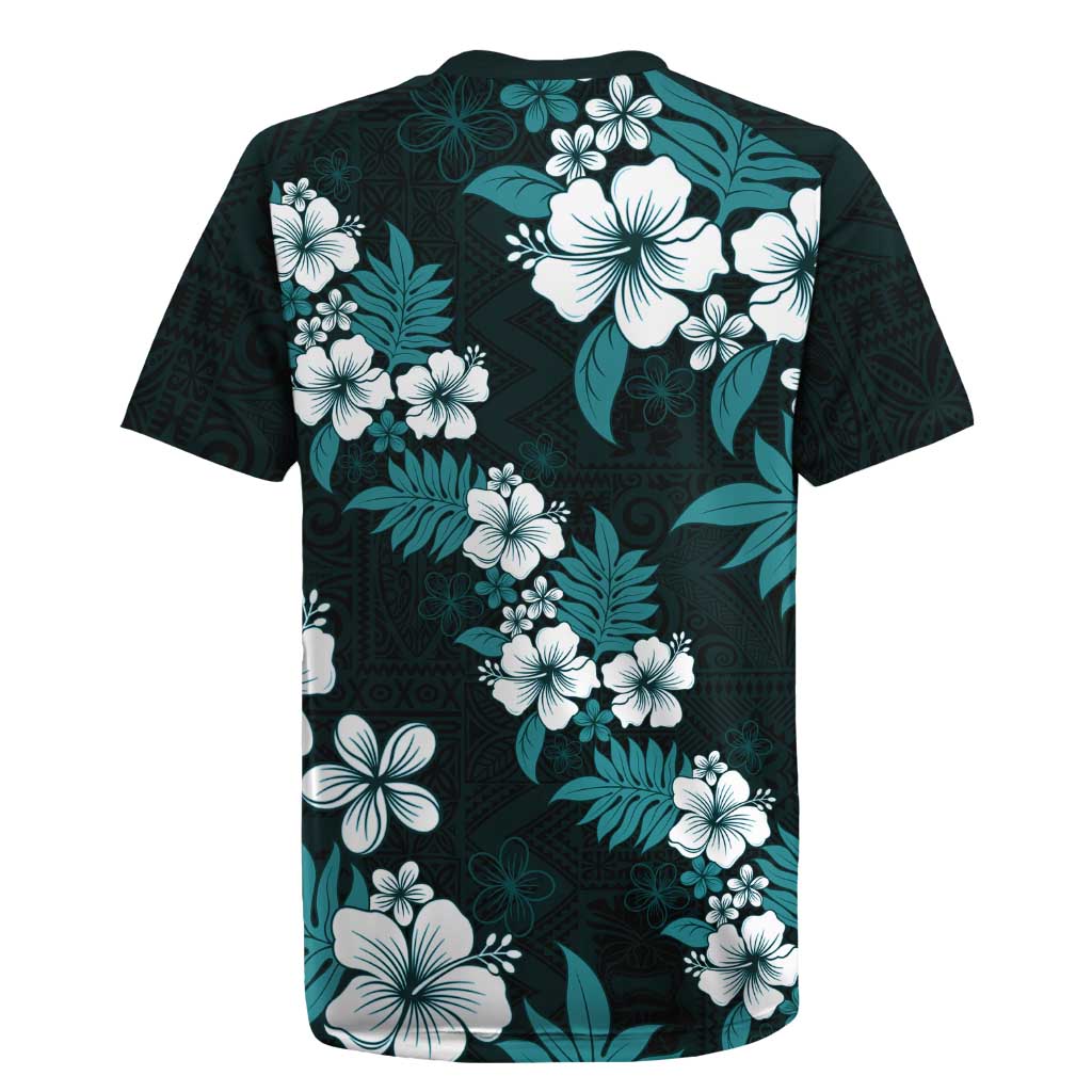 Hawaiian Hibiscus Tribal Floral Teal Rugby Jersey Polynesian Tapa Pattern - Polynesian Pride