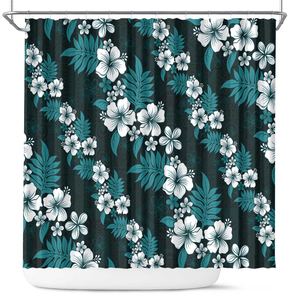Hawaiian Hibiscus Tribal Floral Teal Shower Curtain Polynesian Tapa Pattern - Polynesian Pride