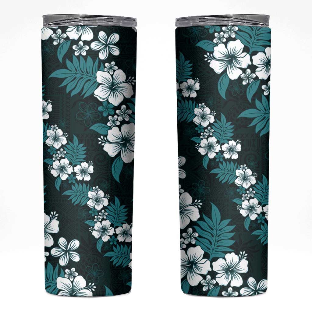Hawaiian Hibiscus Tribal Floral Teal Skinny Tumbler Polynesian Tapa Pattern - Polynesian Pride