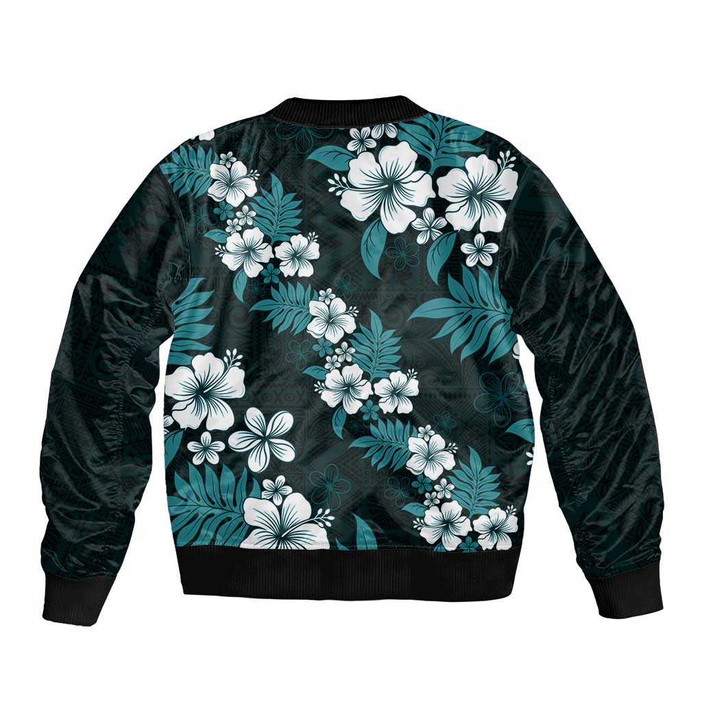 Hawaiian Hibiscus Tribal Floral Teal Sleeve Zip Bomber Jacket Polynesian Tapa Pattern - Polynesian Pride