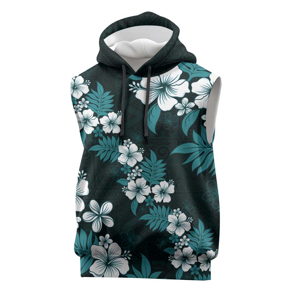 Hawaiian Hibiscus Tribal Floral Teal Sleeveless Hoodie Polynesian Tapa Pattern - Polynesian Pride