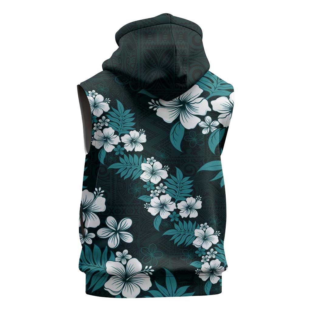Hawaiian Hibiscus Tribal Floral Teal Sleeveless Hoodie Polynesian Tapa Pattern - Polynesian Pride