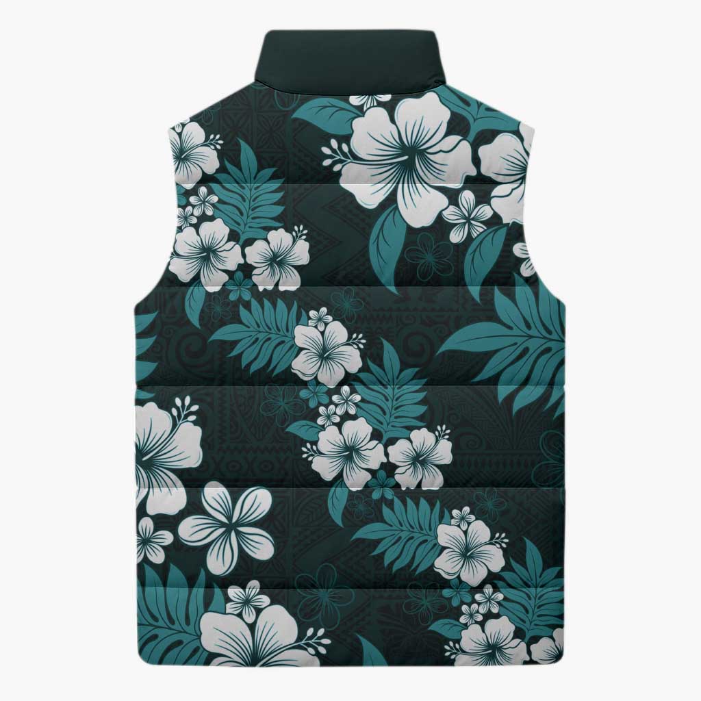 Hawaiian Hibiscus Tribal Floral Teal Sleeveless Puffer Jacket Polynesian Tapa Pattern - Polynesian Pride