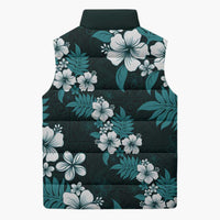 Hawaiian Hibiscus Tribal Floral Teal Sleeveless Puffer Jacket Polynesian Tapa Pattern - Polynesian Pride