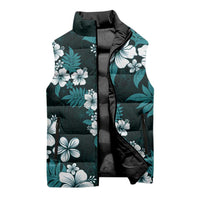 Hawaiian Hibiscus Tribal Floral Teal Sleeveless Puffer Jacket Polynesian Tapa Pattern - Polynesian Pride
