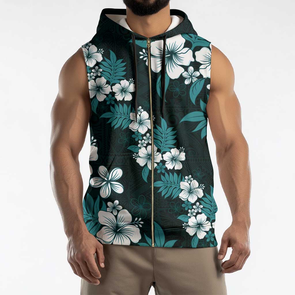 Hawaiian Hibiscus Tribal Floral Teal Sleeveless Zip Hoodie Polynesian Tapa Pattern - Polynesian Pride