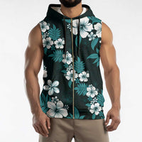 Hawaiian Hibiscus Tribal Floral Teal Sleeveless Zip Hoodie Polynesian Tapa Pattern - Polynesian Pride
