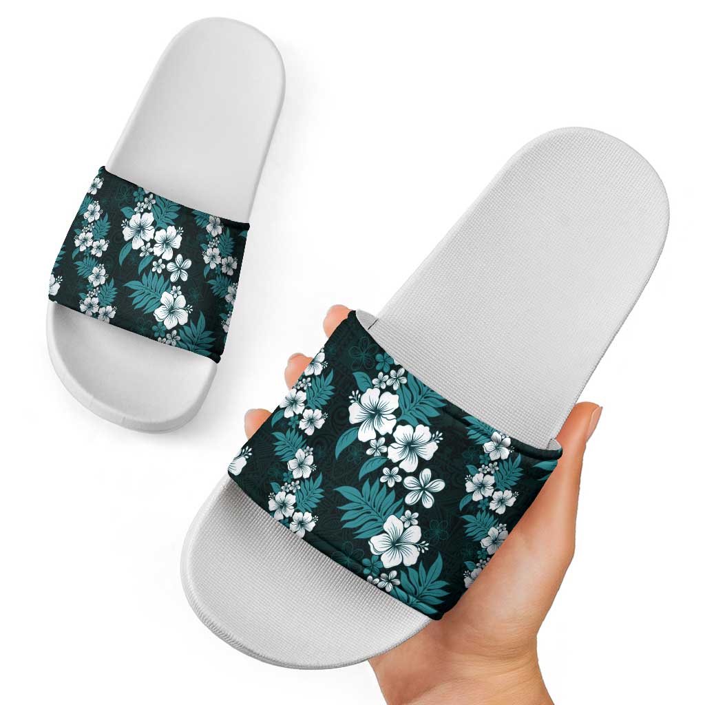 Hawaiian Hibiscus Tribal Floral Teal Slide Sandals Polynesian Tapa Pattern - Polynesian Pride