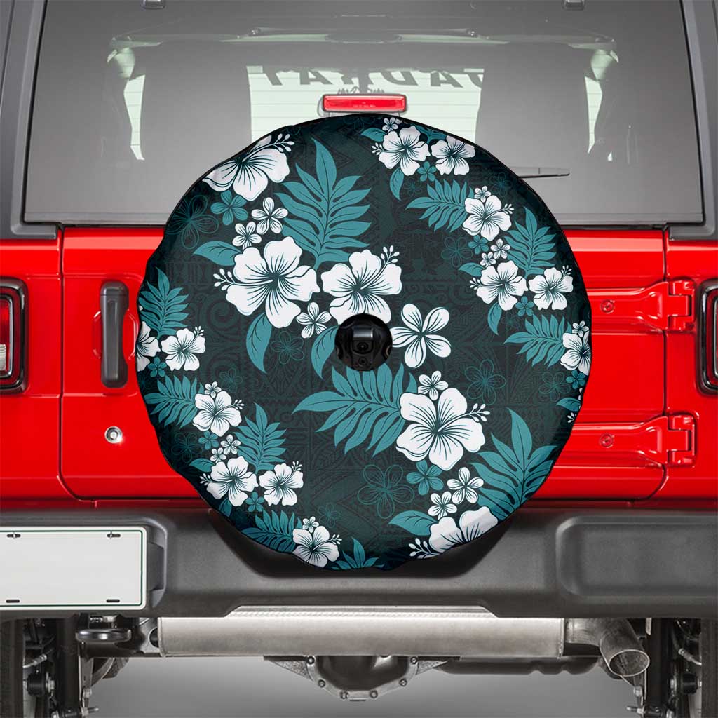 Hawaiian Hibiscus Tribal Floral Teal Spare Tire Cover Polynesian Tapa Pattern - Polynesian Pride