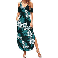 Hawaiian Hibiscus Tribal Floral Teal Summer Maxi Dress Polynesian Tapa Pattern - Polynesian Pride