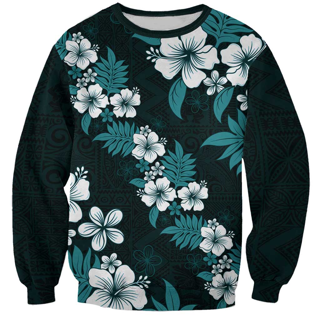 Hawaiian Hibiscus Tribal Floral Teal Sweatshirt Polynesian Tapa Pattern - Polynesian Pride