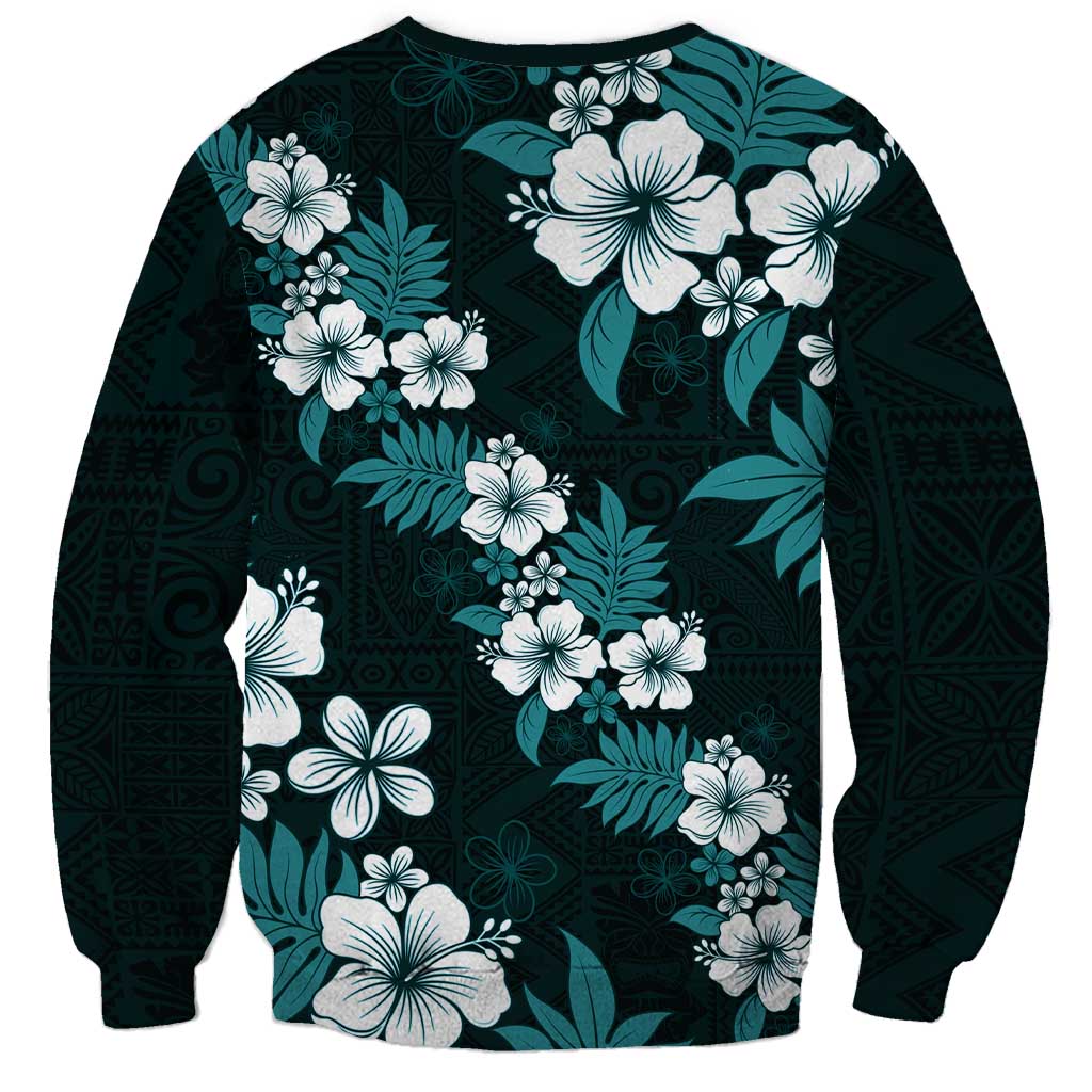 Hawaiian Hibiscus Tribal Floral Teal Sweatshirt Polynesian Tapa Pattern - Polynesian Pride