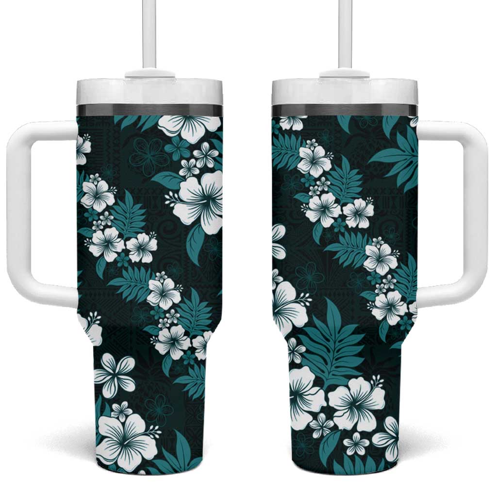 Hawaiian Hibiscus Tribal Floral Teal Tumbler With Handle Polynesian Tapa Pattern - Polynesian Pride