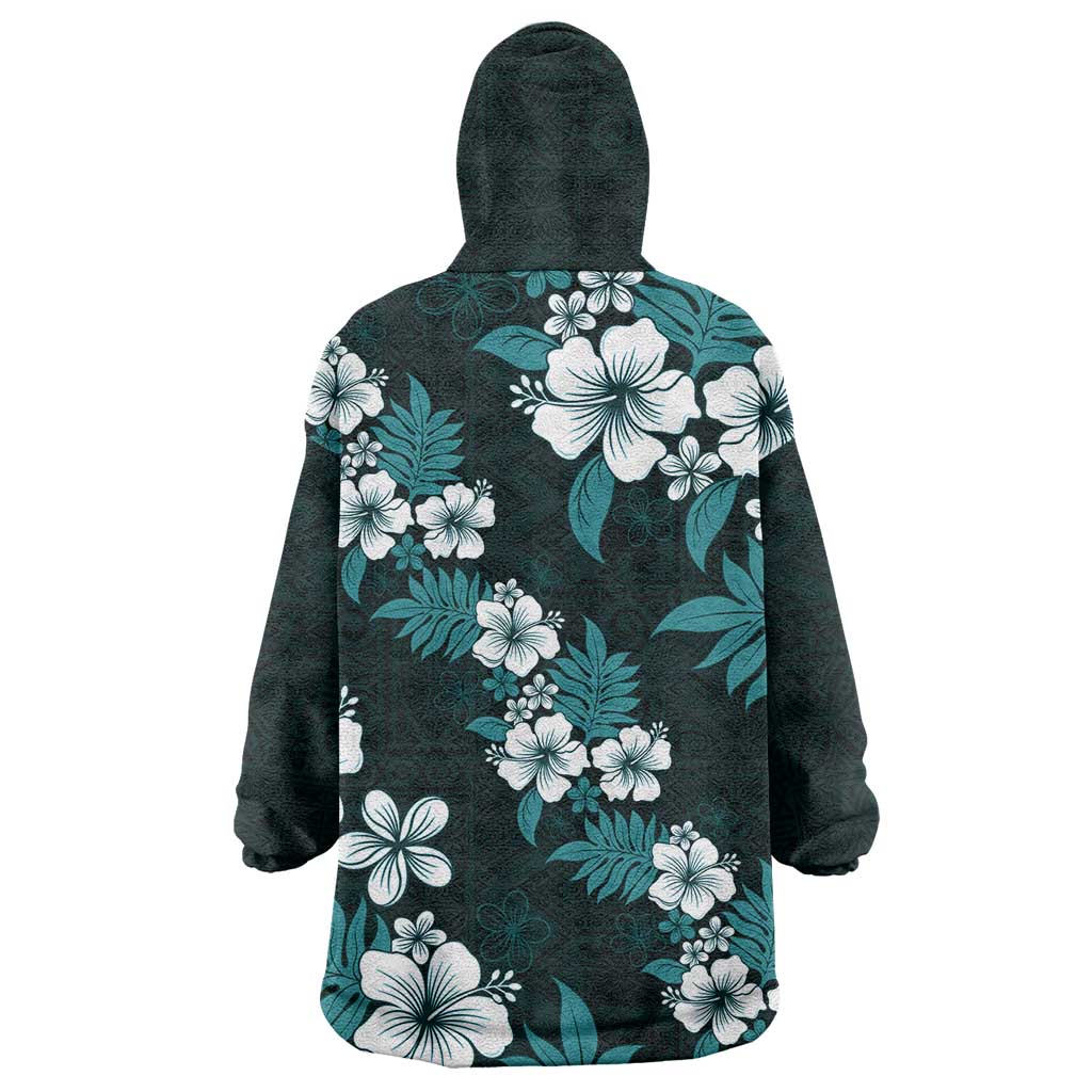 Hawaiian Hibiscus Tribal Floral Teal Wearable Blanket Hoodie Polynesian Tapa Pattern - Polynesian Pride