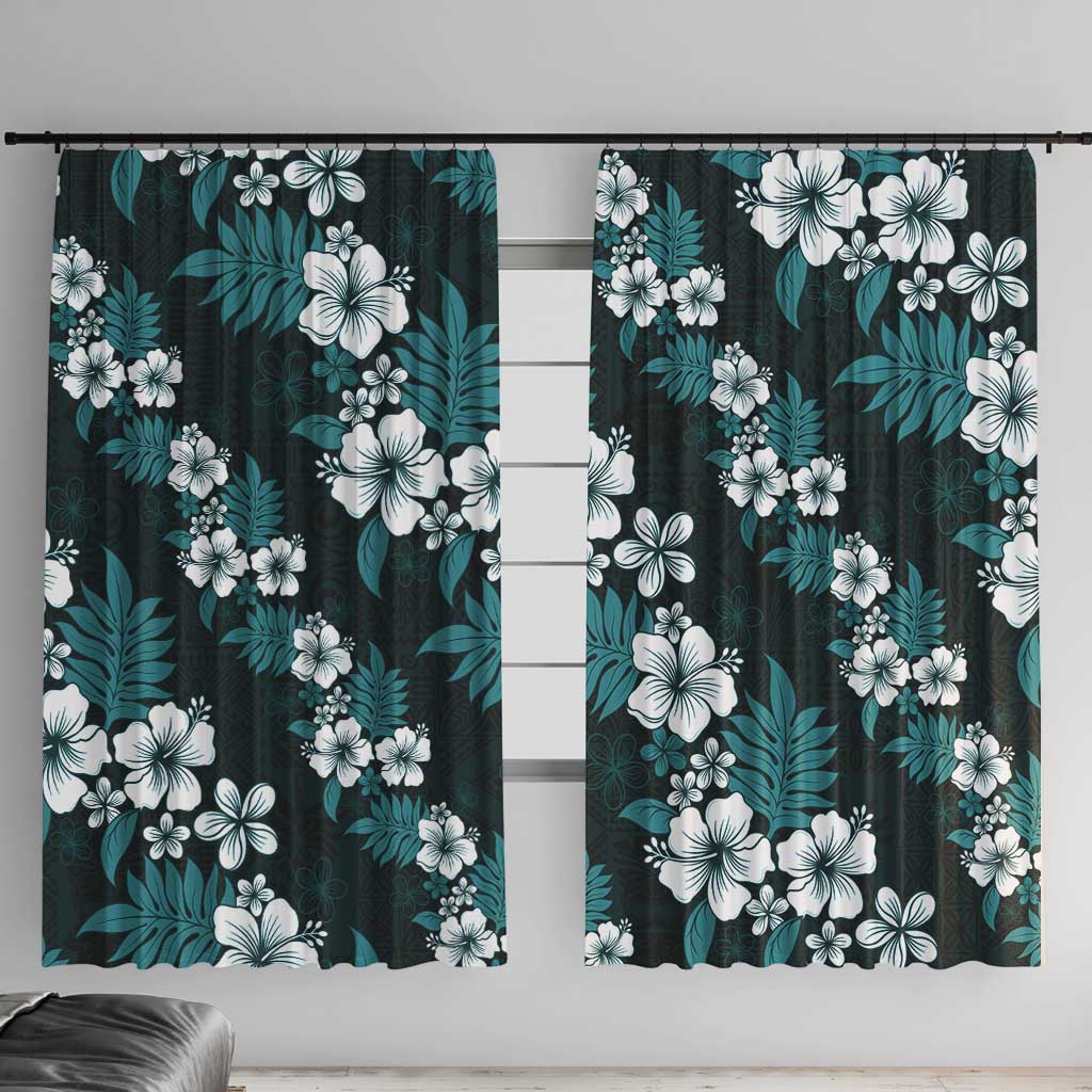 Hawaiian Hibiscus Tribal Floral Teal Window Curtain Polynesian Tapa Pattern - Polynesian Pride