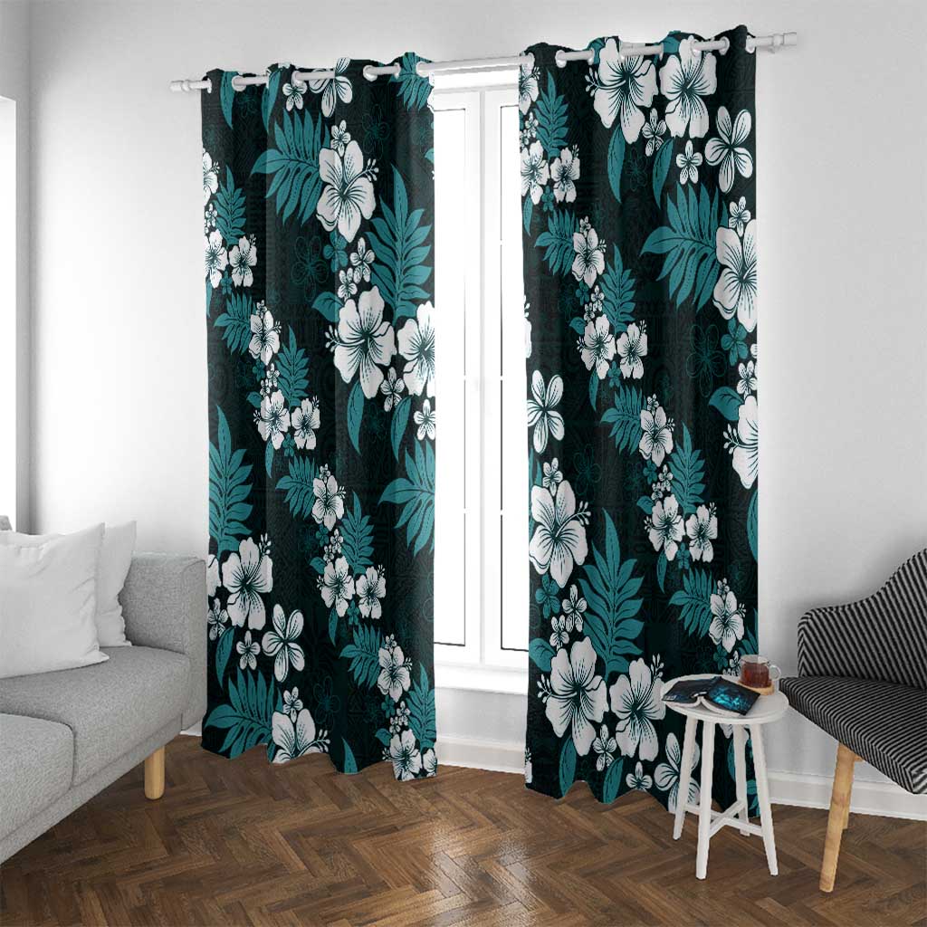 Hawaiian Hibiscus Tribal Floral Teal Window Curtain Polynesian Tapa Pattern - Polynesian Pride