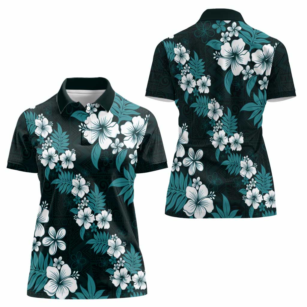 Hawaiian Hibiscus Tribal Floral Teal Women Polo Shirt Polynesian Tapa Pattern - Polynesian Pride