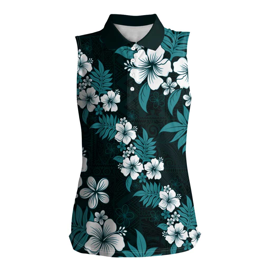 Hawaiian Hibiscus Tribal Floral Teal Women Sleeveless Polo Shirt Polynesian Tapa Pattern - Polynesian Pride