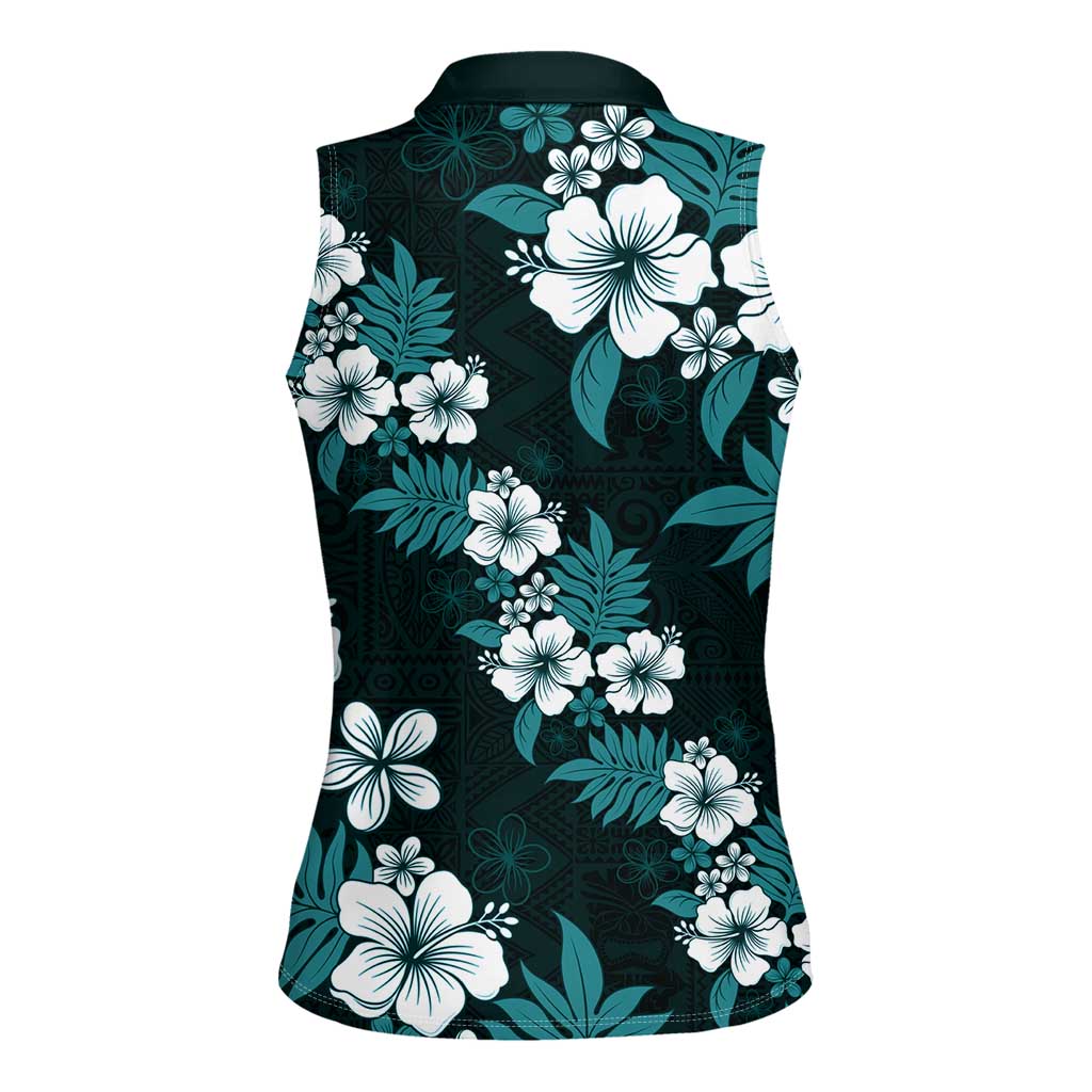 Hawaiian Hibiscus Tribal Floral Teal Women Sleeveless Polo Shirt Polynesian Tapa Pattern - Polynesian Pride