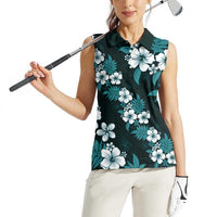 Hawaiian Hibiscus Tribal Floral Teal Women Sleeveless Polo Shirt Polynesian Tapa Pattern - Polynesian Pride