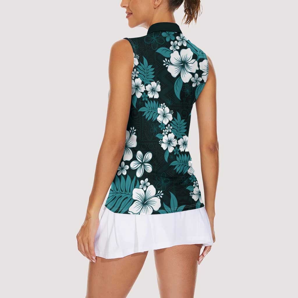Hawaiian Hibiscus Tribal Floral Teal Women Sleeveless Polo Shirt Polynesian Tapa Pattern - Polynesian Pride