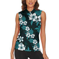Hawaiian Hibiscus Tribal Floral Teal Women Sleeveless Polo Shirt Polynesian Tapa Pattern - Polynesian Pride