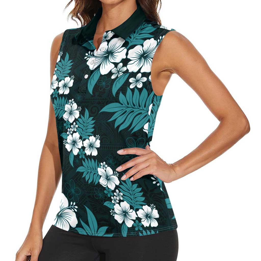 Hawaiian Hibiscus Tribal Floral Teal Women Sleeveless Polo Shirt Polynesian Tapa Pattern - Polynesian Pride