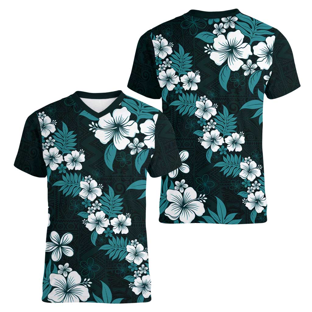 Hawaiian Hibiscus Tribal Floral Teal Women V-Neck T-Shirt Polynesian Tapa Pattern - Polynesian Pride