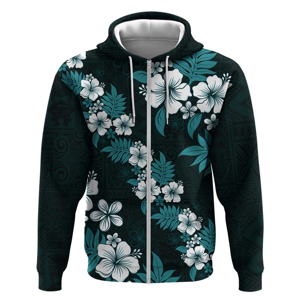 Hawaiian Hibiscus Tribal Floral Teal Zip Hoodie Polynesian Tapa Pattern - Polynesian Pride