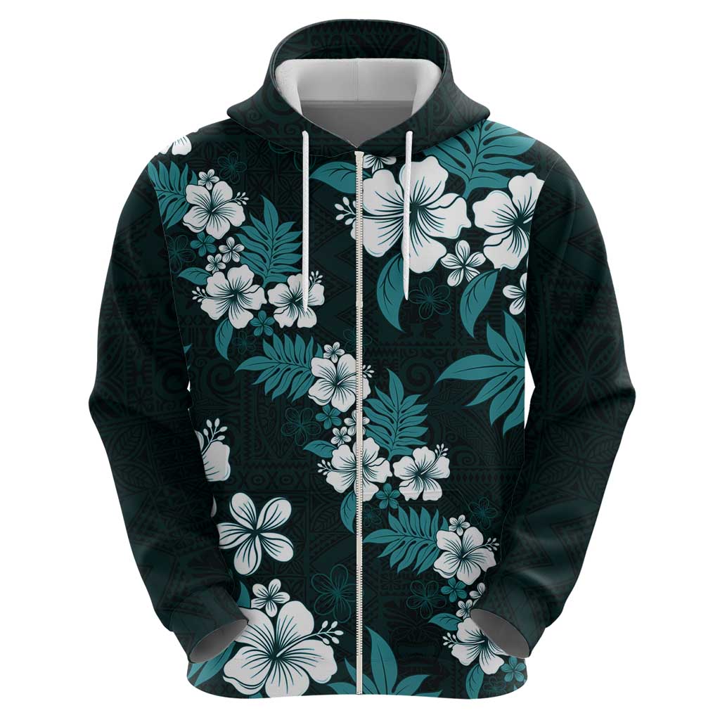 Hawaiian Hibiscus Tribal Floral Teal Zip Hoodie Polynesian Tapa Pattern - Polynesian Pride
