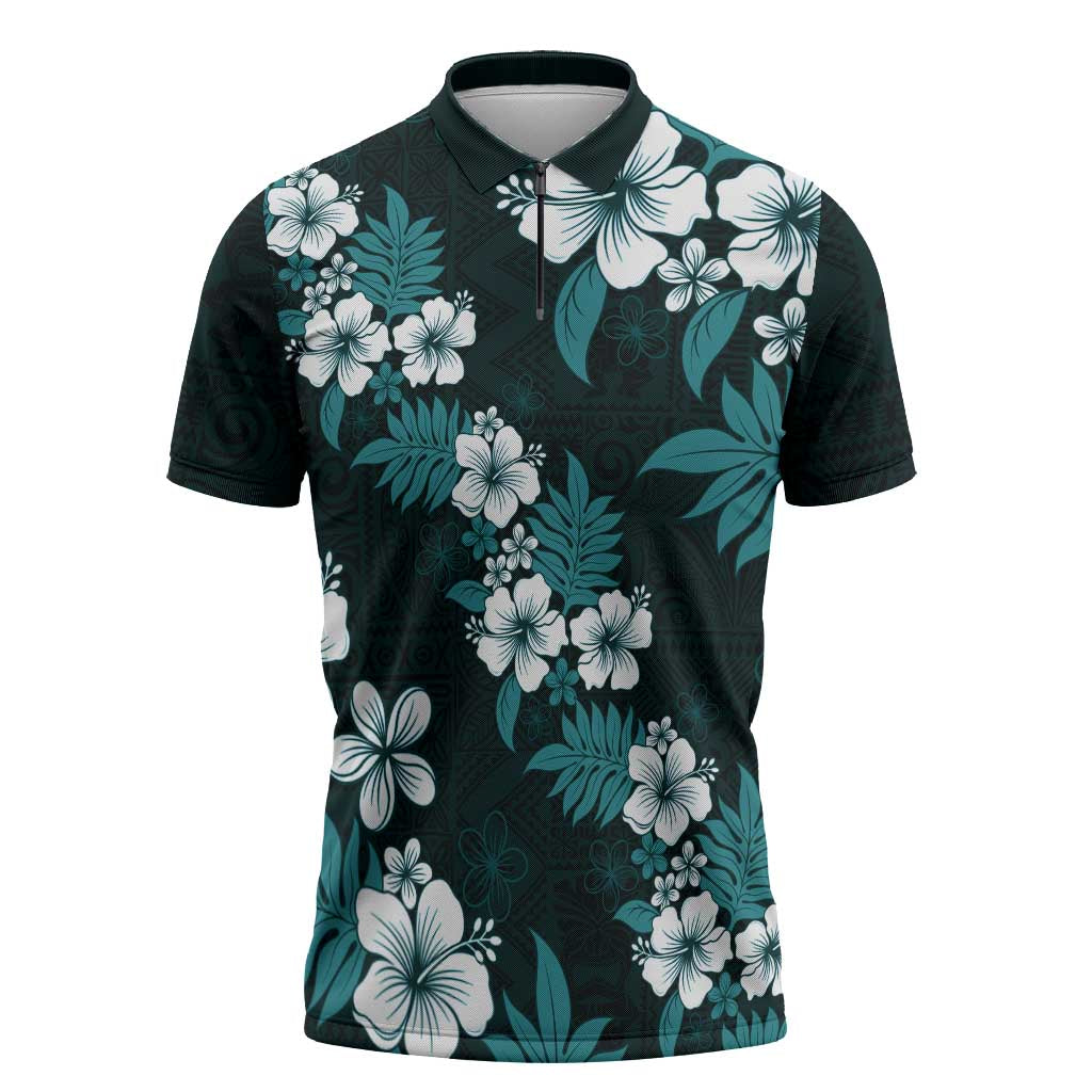 Hawaiian Hibiscus Tribal Floral Teal Zipper Polo Shirt Polynesian Tapa Pattern - Polynesian Pride